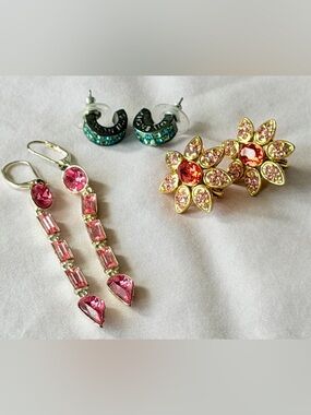 Givenchy Pink Crystal flower, pink dangle & mini half blue crystal hoop earrings